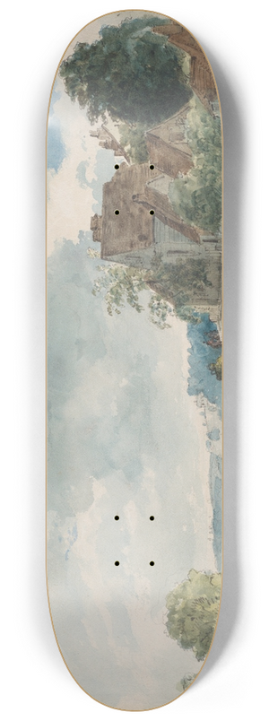 William Henry Hunt - Cottages in an Extensive Landscape 8.25 inch art skate deck William Henry Hunt - Cottages in an Extensive Landscape 8.25 inch art skate deck