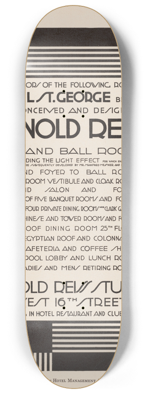 Winold Reiss - Graphic design for St. George Hotel advertisement in Hotel Management Magazine. 8.25 inch art skate deck Winold Reiss - Graphic design for St. George Hotel advertisement in Hotel Management Magazine. 8.25 inch art skate deck