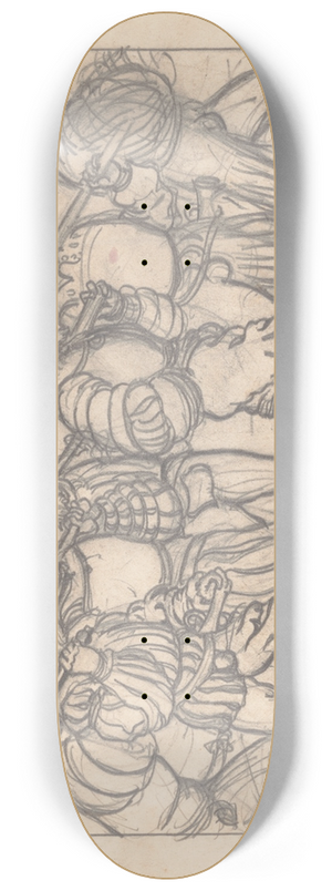 Winold Reiss - Graphic designs for Scribners Magazine cover, Medieval Festival theme. Drawing of men with medieval clothing and items, walking to the right 8.25 inch art skate deck Winold Reiss - Graphic designs for Scribners Magazine cover, Medieval Festival theme. Drawing of men with medieval clothing and items, walking to the right 8.25 inch art skate deck