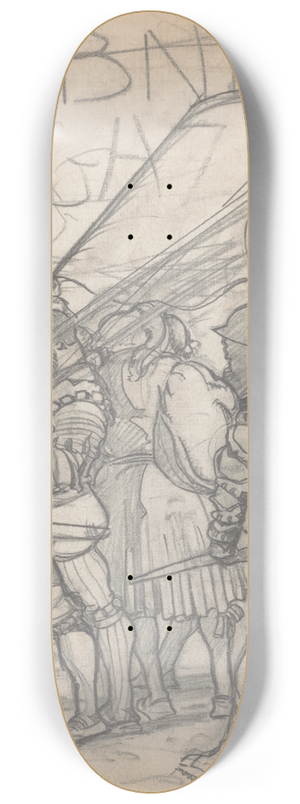 Winold Reiss - Graphic designs for Scribners Magazine cover, Medieval Festival theme. Drawing of men with medieval clothing and weapons, including Scribners logo 8.25 inch art skate deck Winold Reiss - Graphic designs for Scribners Magazine cover, Medieval Festival theme. Drawing of men with medieval clothing and weapons, including Scribners logo 8.25 inch art skate deck
