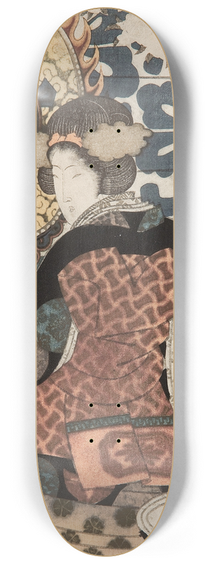 Yashima Gakutei - A woman playing a large suspended drum (tsuridaiko) 8.25 inch art skate deck
