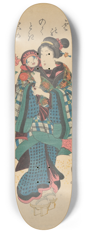 Yoshitoro - Woman Holding Baby with Cap; Dog and Cat 8.25 inch art skate deck