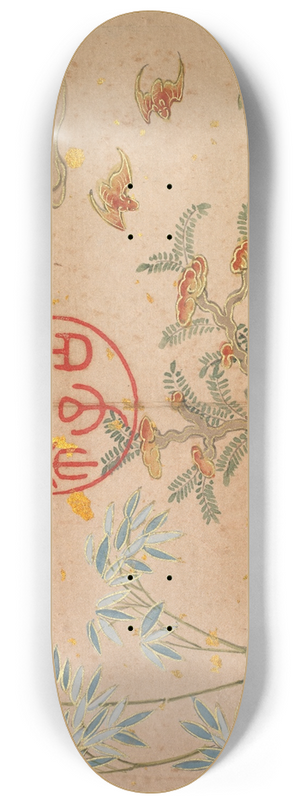 Zhang Ruoai - Bats, rocks, flowers circular calligraphy 8.25 inch art skate deck