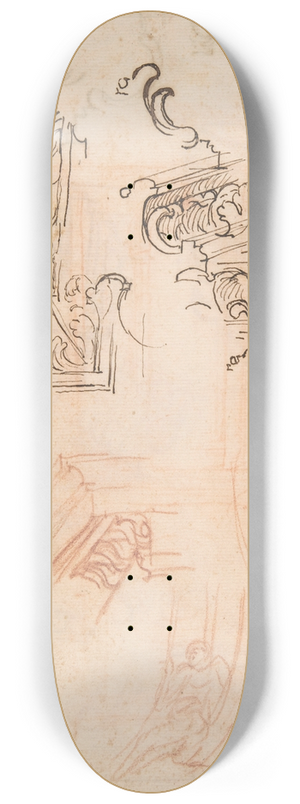 Baldassarre Franceschini - Studies of Architectural Moldings, of the Virgin and Child with a Kneeling Saint, and of Two Angels Supporting Frames 8.25 inch art skate deck