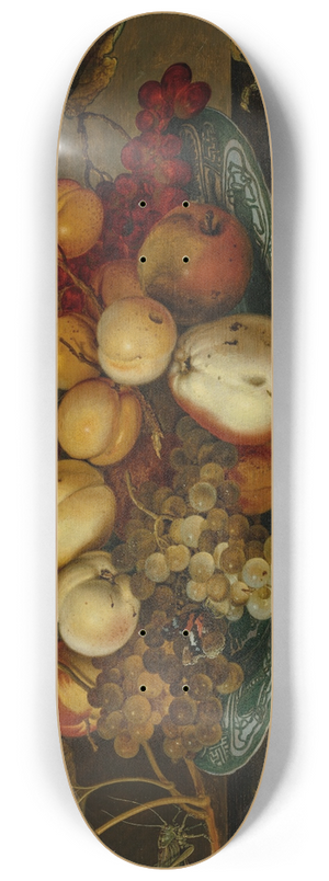 Balthasar van der Ast - Grapes, peaches, apples and plums in a wan-li bowl on a ledge, with shells, a grasshopper and other fruit 8.25 inch art skate deck