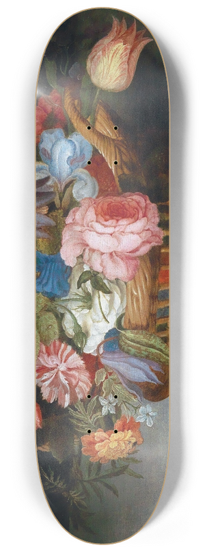 Balthasar van der Ast - Roses, Tulips, Irises And Other Flowers In A Wicker Basket, With Fruit And Insects On A Ledge 8.25 inch art skate deck