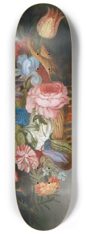 Balthasar van der Ast - Roses, tulips, irises and other flowers in a wicker basket, with fruit and insects on a ledge 8.25 inch art skate deck