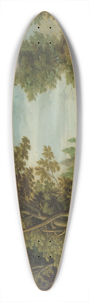 Adriaen van Stalbemt - A wooded landscape with travelers crossing a bridge 39.3 inch art pintail longboard deck