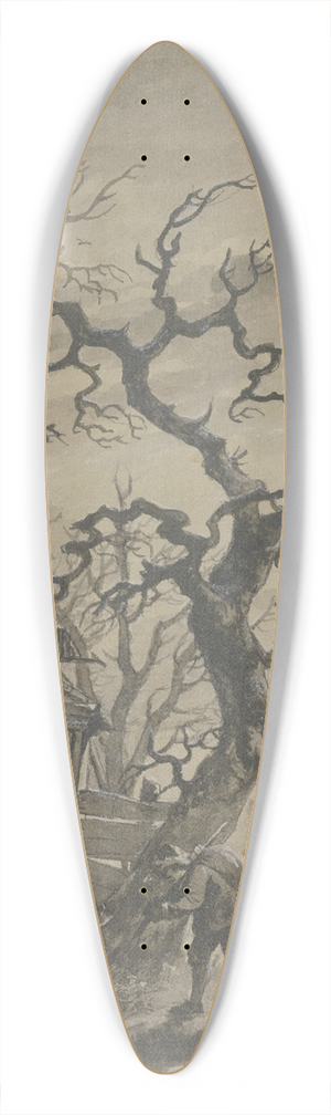 Adrianus de Visser - Winterlandschaft im Mondschein mit Schlittschuhlufern bei einem beleuchteten Haus und einem kahlen Baum 39.3 inch art pintail longboard deck