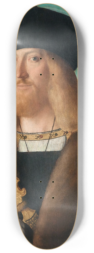 Bartolomeo Veneto - Portrait Of A Bearded Man, Half-Length, Wearing A Fur-Lined Coat And Holding A Dagger, A Landscape Beyond 8.25 inch art skate deck Bartolomeo Veneto - Portrait Of A Bearded Man, Half-Length, Wearing A Fur-Lined Coat And Holding A Dagger, A Landscape Beyond 8.25 inch art skate deck