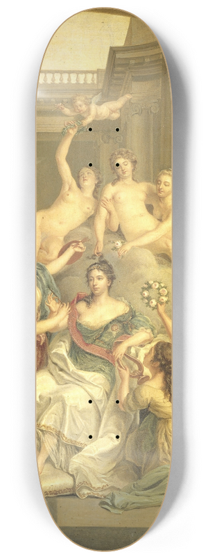 Benjamin Samuel Bolomey - Frederika Sophia Wilhelmina of Prussia (1751-1820). Wife of Prince Willem V, in the Temple of the Arts 8.25 inch art skate deck