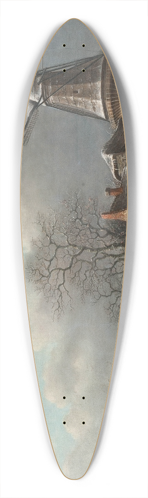 Andreas Schelfhout - Skaters on a Dutch waterway by a windmill 39.3 inch art pintail longboard deck