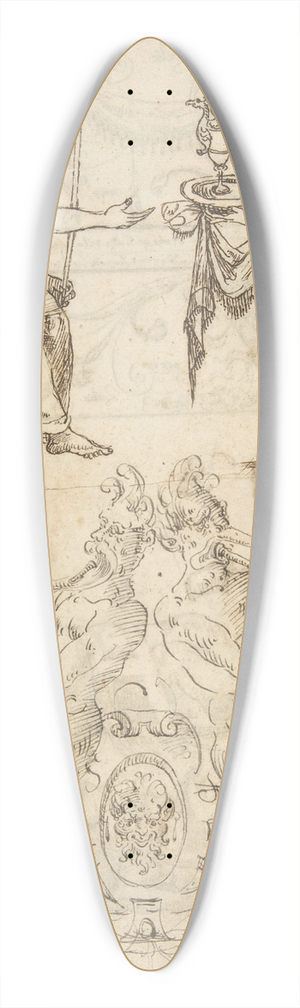 Andrs de Melgar - Sheet with multiple Designs; Figurative Scene with Two Women (top) and Two Satyrs Playing Horns, Seated Back to Back (bottom) 39.3 inch art pintail longboard deck