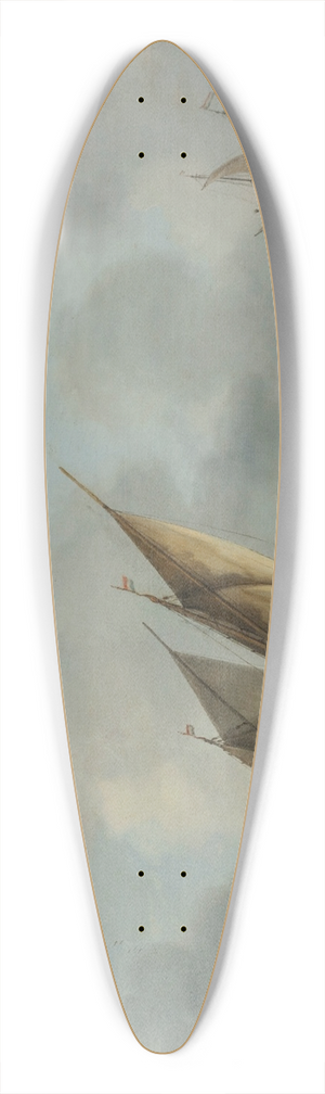 Arnoldus Van Anthonissen - Two smalschips and a rowing boat on choppy waters, a man-of-war and another sailing vessels beyond, a town on the horizon 39.3 inch art pintail longboard deck
