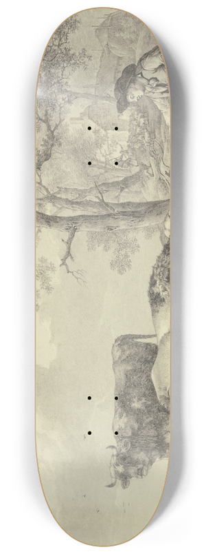 Bernhard Hendrik Thier - Ein im Wasser stehender Ochse wird von zwei Hunden, die ein Junge an der Leine hat, angebellt 8.25 inch art skate deck