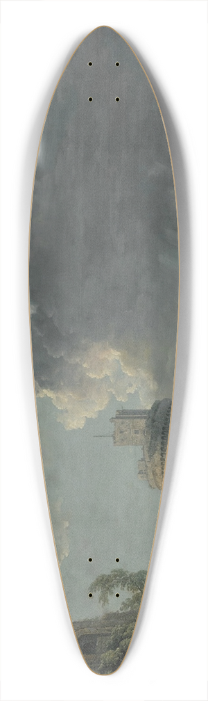 Carlo Bonavia - A storm off a rocky coast, with a shipwreck in the foreground and a fort on the rocky shoreline above 39.3 inch art pintail longboard deck Carlo Bonavia - A storm off a rocky coast, with a shipwreck in the foreground and a fort on the rocky shoreline above 39.3 inch art pintail longboard deck