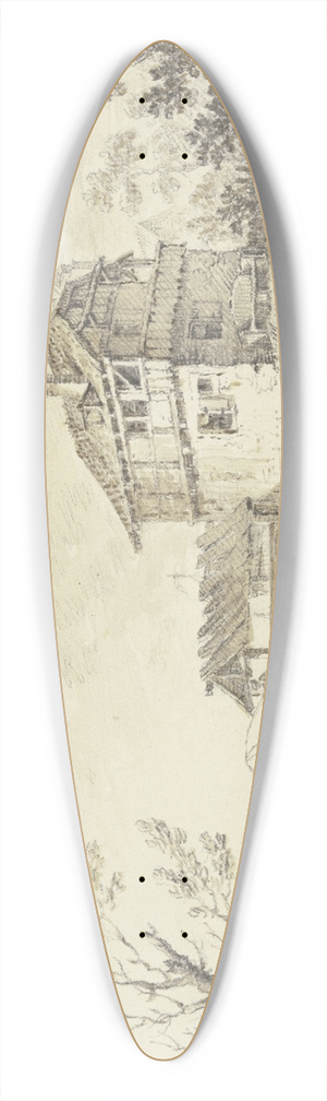 Christian Georg Schtz the elder - Huser an einem Wasser, von einem Vorbau aus fischt ein Mann mit einem Netz, links an einem Baum ein Angler mit seiner Frau 39.3 inch art pintail longboard deck