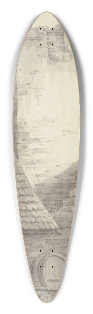 Christian Georg Schtz the Younger - Haus an einer Stadtmauer mit Turm und Treppe, im Vordergrund drei liegende Fsser 39.3 inch art pintail longboard deck