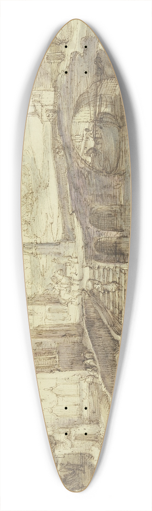 Cornelis Claesz. van Wieringen - Stadtansicht mit einer Brcke, unter welcher ein Schiff durchfhrt, dabei eine Treppe, die eine Frau mit einem Korbe hinaufsteigt 39.3 inch art pintail longboard deck