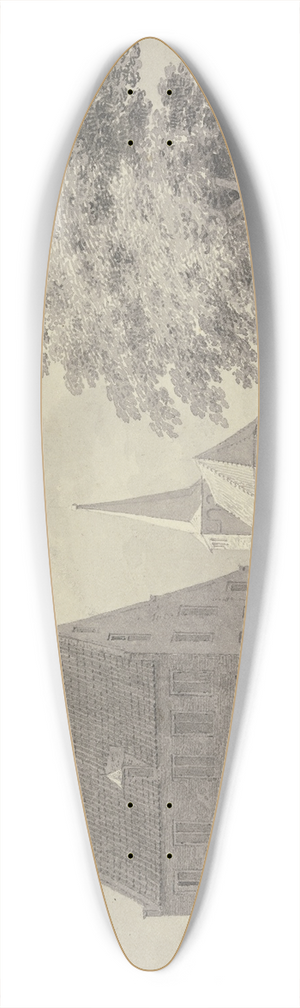 Cornelis Pronk - Haus mit Wassergraben und Steg, hinten die Kirche, rechts ein Baum, unter welchem ein Wagen und mehrere Figuren stehen 39.3 inch art pintail longboard deck