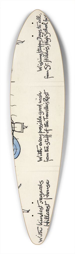 Cyril Kenneth Bird (Fougasse) - Three cartoon figures of women carrying rifles, a balloon and a warship 39.3 inch art pintail longboard deck Cyril Kenneth Bird (Fougasse) - Three cartoon figures of women carrying rifles, a balloon and a warship 39.3 inch art pintail longboard deck