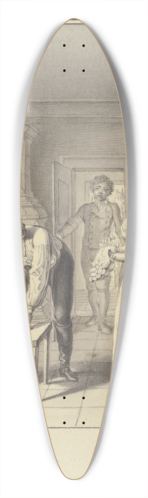 Daniel Nikolaus Chodowiecki - Vorne links ein Mann, der den rechten Fu auf einen Stuhl gestellt hat und sich Sporen anlegt 39.3 inch art pintail longboard deck