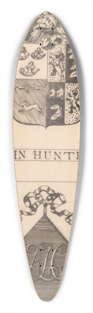 David Young Cameron - John Hunters Book Plate with Armorial Bearings and Mrs. Hunters Book Plate with her Monogram 39.3 inch art pintail longboard deck David Young Cameron - John Hunters Book Plate with Armorial Bearings and Mrs. Hunters Book Plate with her Monogram 39.3 inch art pintail longboard deck