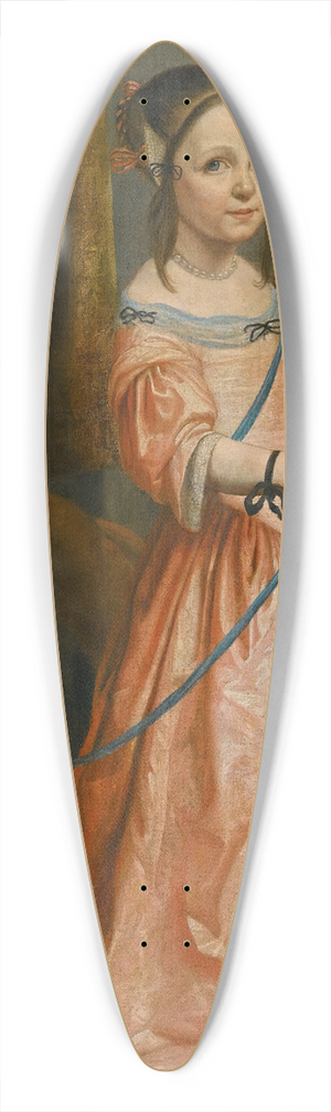 Dutch School - Portrait Of A Girl, Full Length, In A Pink Dress With A Bow And Hound 39.3 inch art pintail longboard deck Dutch School - Portrait Of A Girl, Full Length, In A Pink Dress With A Bow And Hound 39.3 inch art pintail longboard deck