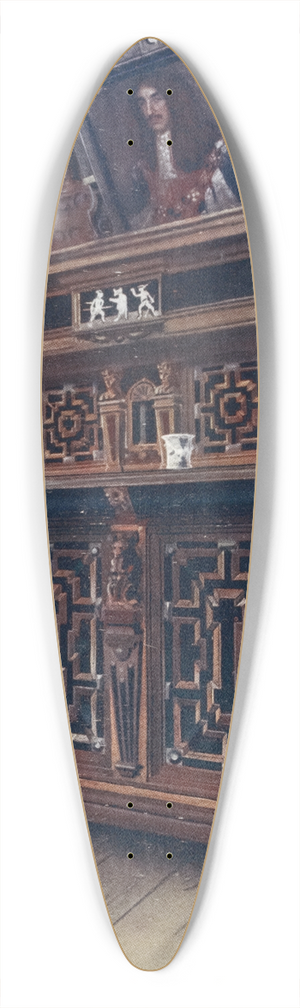 Edwin Foley - A cabinet of oak and walnut, with ebony panels and columns, inlaid with rosewood and ivory engraved 39.3 inch art pintail longboard deck