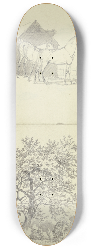Carl Morgenstern - Zwei Pferde vor einem Stall; Garten an einem Wasserlauf bei Rdelheim 8.25 inch art skate deck
