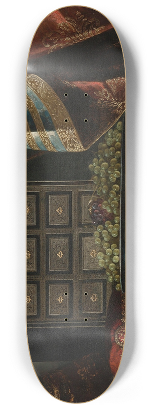 Carlo Manieri - STILL LIFE OF A CHEST, FRUIT AND OTHER OBJECTS ON A BROCADE DRAPED TABLE 8.25 inch art skate deck Carlo Manieri - STILL LIFE OF A CHEST, FRUIT AND OTHER OBJECTS ON A BROCADE DRAPED TABLE 8.25 inch art skate deck