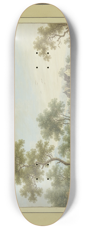 Carl Sebastian von Bemmel - Landschaft mit einem Flu, an dessen von Bumen bestandenem Ufer rechts ein Angler steht 8.25 inch art skate deck