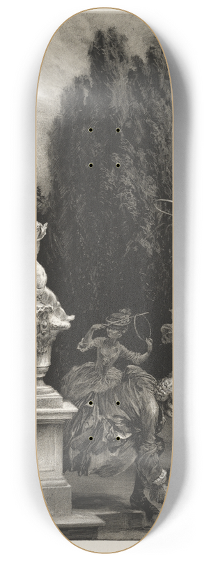 Adolph von Menzel - Essay on Stone with Brush and Scraper; Playing at Hoops on the Castle Terrace 8.25 inch art skate deck