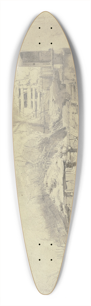 Jakob Frchtegott Dielmann - Altes Gemuer mit Treppe, links ein Zaun mit Tr, in der Mitte vorne ein Leiterwagen 39.3 inch art pintail longboard deck