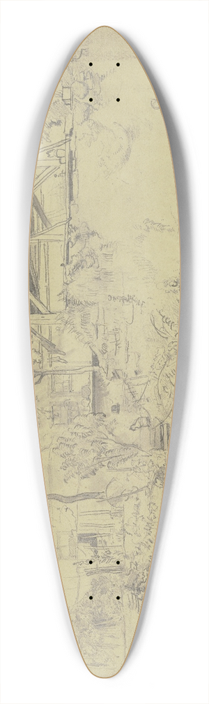 Jakob Frchtegott Dielmann - Auf einer alten Mauer ein Schuppen, eine Treppe fhrt hinauf, auf der eine Katze sitzt, links ein Bienenstand 39.3 inch art pintail longboard deck