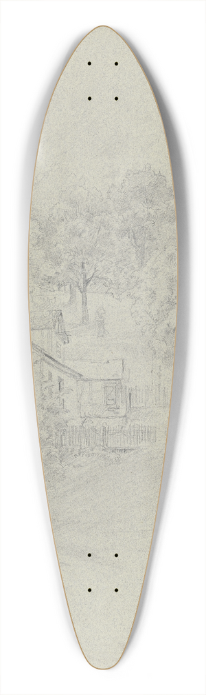 Jakob Frchtegott Dielmann - Bauernhuser zwischen Bumen, vorne ein Zaun, an welchem rechts zwei Kinder stehen 39.3 inch art pintail longboard deck