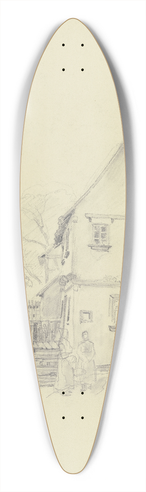 Jakob Frchtegott Dielmann - Ein Haus, vor demselben stehen zwei Frauen am Brunnen, oben Entwurf zu einem Mdchen mit einem Korb 39.3 inch art pintail longboard deck