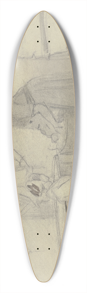 Jakob Frchtegott Dielmann - Vor einer Haustr stehen ein Tisch und eine Bank, eine Frau wscht in einem Zuber, ein Mdchen sitzt dabei, unter der Tr ein Mann 39.3 inch art pintail longboard deck