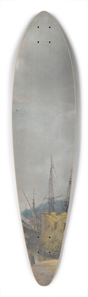 Jan Abrahamsz Beerstraaten - A Harbour Scene With A Man-Of-War And Other Shipping, Figures Conversing On The Shore 39.3 inch art pintail longboard deck