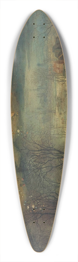 Jan Brueghel The Elder - A winter landscape with villagers gathering wood and skaters on a frozen river, putti scattering flowers above 39.3 inch art pintail longboard deck