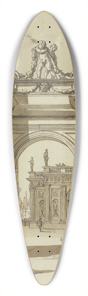 Jan de Bisschop - Portal eines Palastes, davor zwei Figuren und ein sitzender Hund 39.3 inch art pintail longboard deck Jan de Bisschop - Portal eines Palastes, davor zwei Figuren und ein sitzender Hund 39.3 inch art pintail longboard deck
