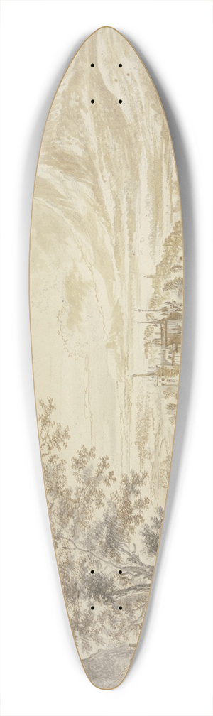 Jan Griffier - Ein Schloss an einem Fluss zwischen Bergen, links unter einer Baumgruppe ein Haus, dabei einige Figuren 39.3 inch art pintail longboard deck