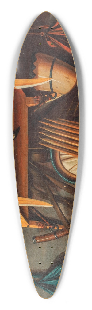 Johannes Leemans - A trompe loeil still life with a bird in a cage, a bird whistle, hunting horns and other hunting implements hanging on a wall 39.3 inch art pintail longboard deck