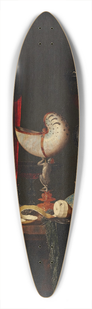 Johann Georg Hinz - A nautilus cup, a flute, a faon-de-Venise and a wine and beer glass with nuts on a silver charger 39.3 inch art pintail longboard deck Johann Georg Hinz - A nautilus cup, a flute, a faon-de-Venise and a wine and beer glass with nuts on a silver charger 39.3 inch art pintail longboard deck