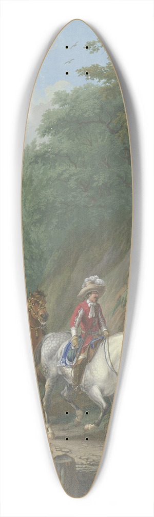 Johann Georg Pforr - Ein rotgekleideter Kavalier auf einem Schimmel mit Gefolge reitet auf einem steilen Bergweg ber eine Holzbrcke bei einem Wasserfall 39.3 inch art pintail longboard deck