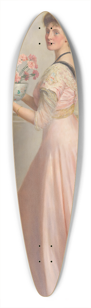 John Collier - Portrait of a lady in pink carrying a bowl of pink carnations 39.3 inch art pintail longboard deck