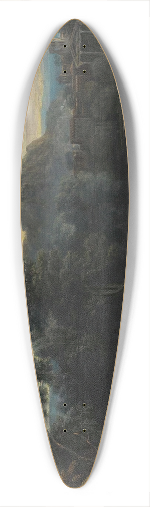 John Wootton - A wooded classical landscape with figures resting in the foreground and bathing in the river, a town beyond 39.3 inch art pintail longboard deck