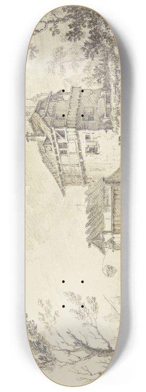 Christian Georg Schtz the elder - Huser an einem Wasser, von einem Vorbau aus fischt ein Mann mit einem Netz, links an einem Baum ein Angler mit seiner Frau 8.25 inch art skate deck