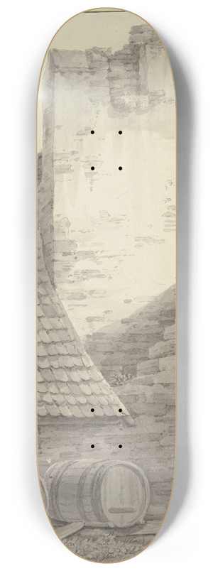 Christian Georg Schtz the Younger - Haus an einer Stadtmauer mit Turm und Treppe, im Vordergrund drei liegende Fsser 8.25 inch art skate deck