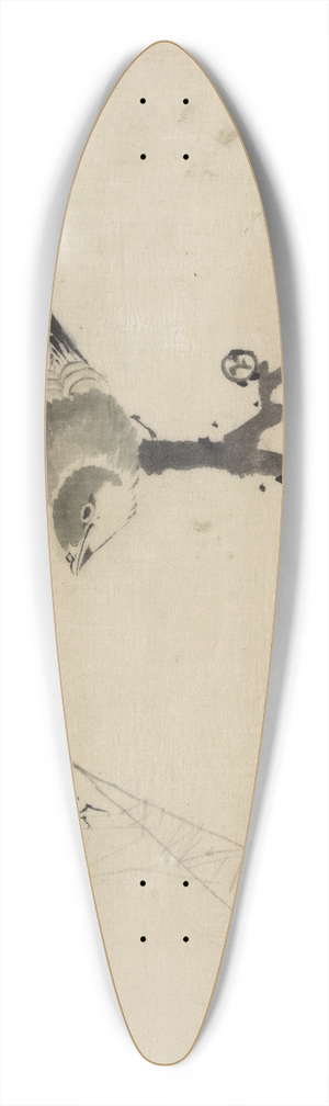 Katsushika Hokusai - A bird perched on a tree branch with blossoms, watching a spider on a web 39.3 inch art pintail longboard deck Katsushika Hokusai - A bird perched on a tree branch with blossoms, watching a spider on a web 39.3 inch art pintail longboard deck